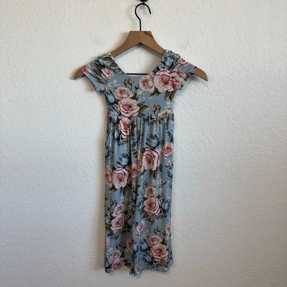 NEW NWT Posh Peanut Floral Scoop Neck Short Sleeve Wide Leg Jumpsuit Blue 3T-4T - Picture 2 of 9